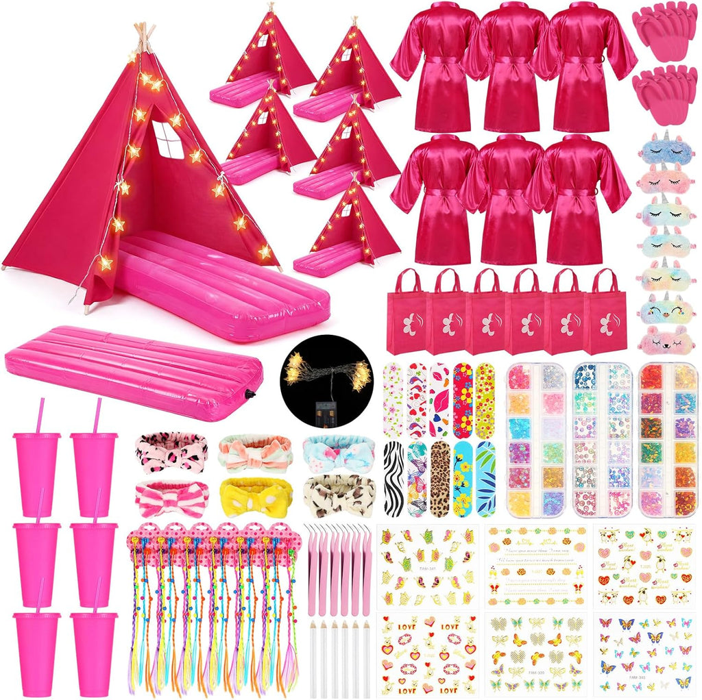6 Set Sleepovers Teepee Tents Spa Slumber Party Robes Supplies Bulk with Inflatable Airbed and Light String, Birthday Favors Gift Indoor Outdoor (Complete,6 Rose Red)