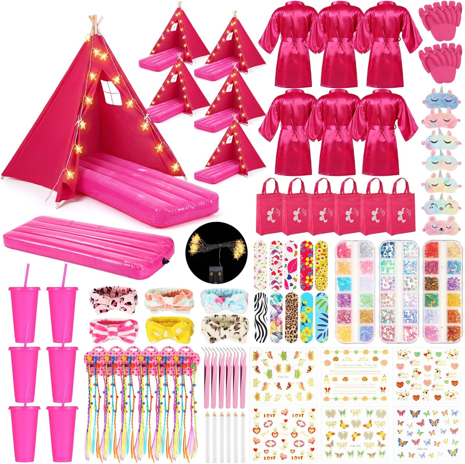 6 Set Sleepovers Teepee Tents Spa Slumber Party Robes Supplies Bulk with Inflatable Airbed and Light String, Birthday Favors Gift Indoor Outdoor (Complete,6 Rose Red)