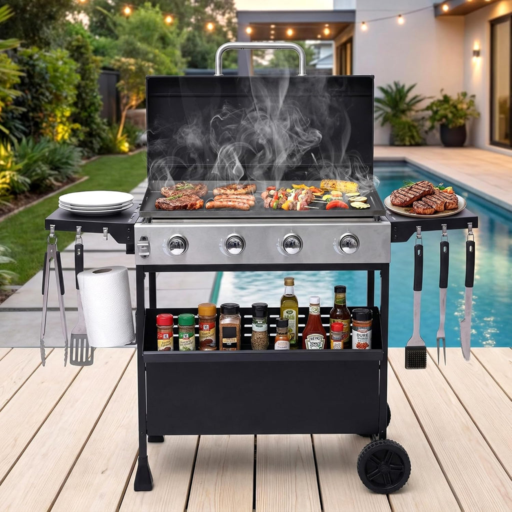 4-Burner Propane Gas Griddle with Removable Cart, 40,000 BTU Output Portable Outdoor BBQ Grill with Wheels, Cast Iron Griddle, Foldable Side Tables and Spice Rack for Backyard, Patio, Camping
