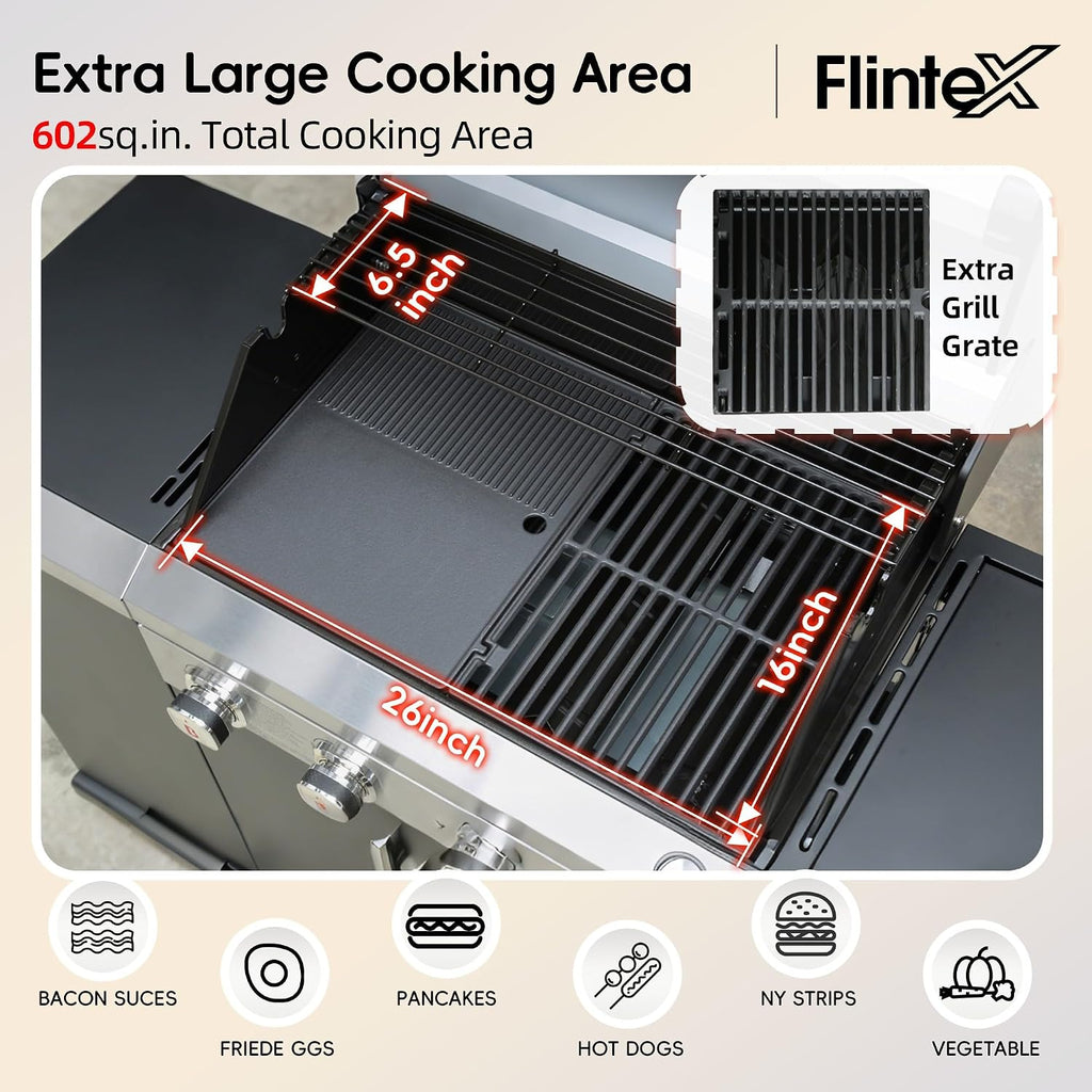Flintex 4-Burner Propane Gas Kitchen Grill Island with Side Burner,44,000 BTU Stainless Steel BBQ Outdoor Griddle Grill Combo with LPG/NG Convertible and Storage Cabinets & Fold-out Table, Black