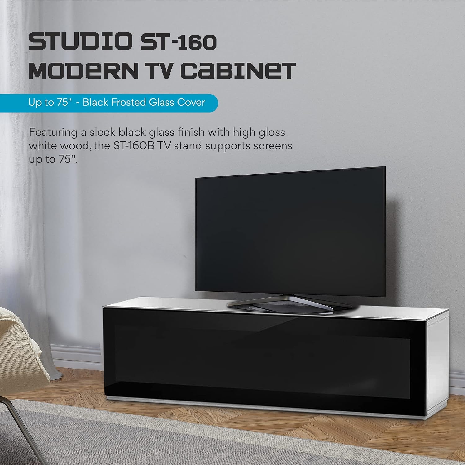 SONOROUS ST-160 Premium TV Stand with Black Glass Cover & White Wood - Luxury Entertainment Center & Media Console for Living Room - High Gloss Modern TV Cabinet up to 75 Inches - Sleek Storage Design