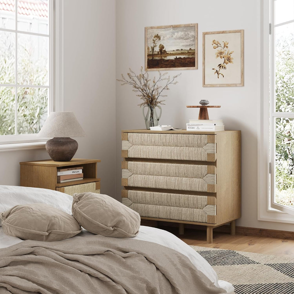Nathan James Beacon 3 Drawer, Light Brown Boho, Bohemian Woven Seagrass Storage Cabinet for Living Room