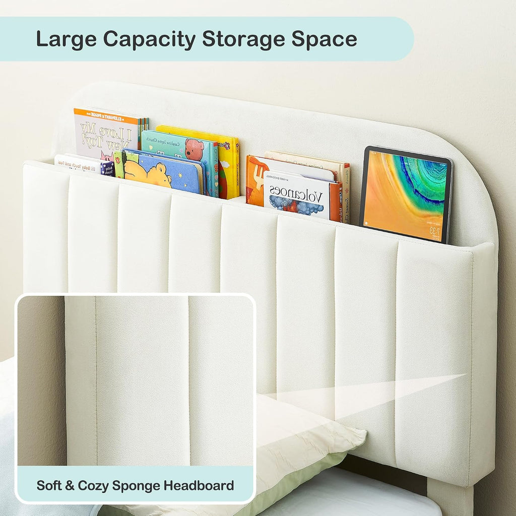 IDEALHOUSE Twin XL Bed Frames, Upholstered Platform Bed Frame with Bookcase Headboard, Velvet Platform Bed Mattress Foundation, Heavy Duty Steel Support Legs, Easy Assembly, Noise Free, Cream White