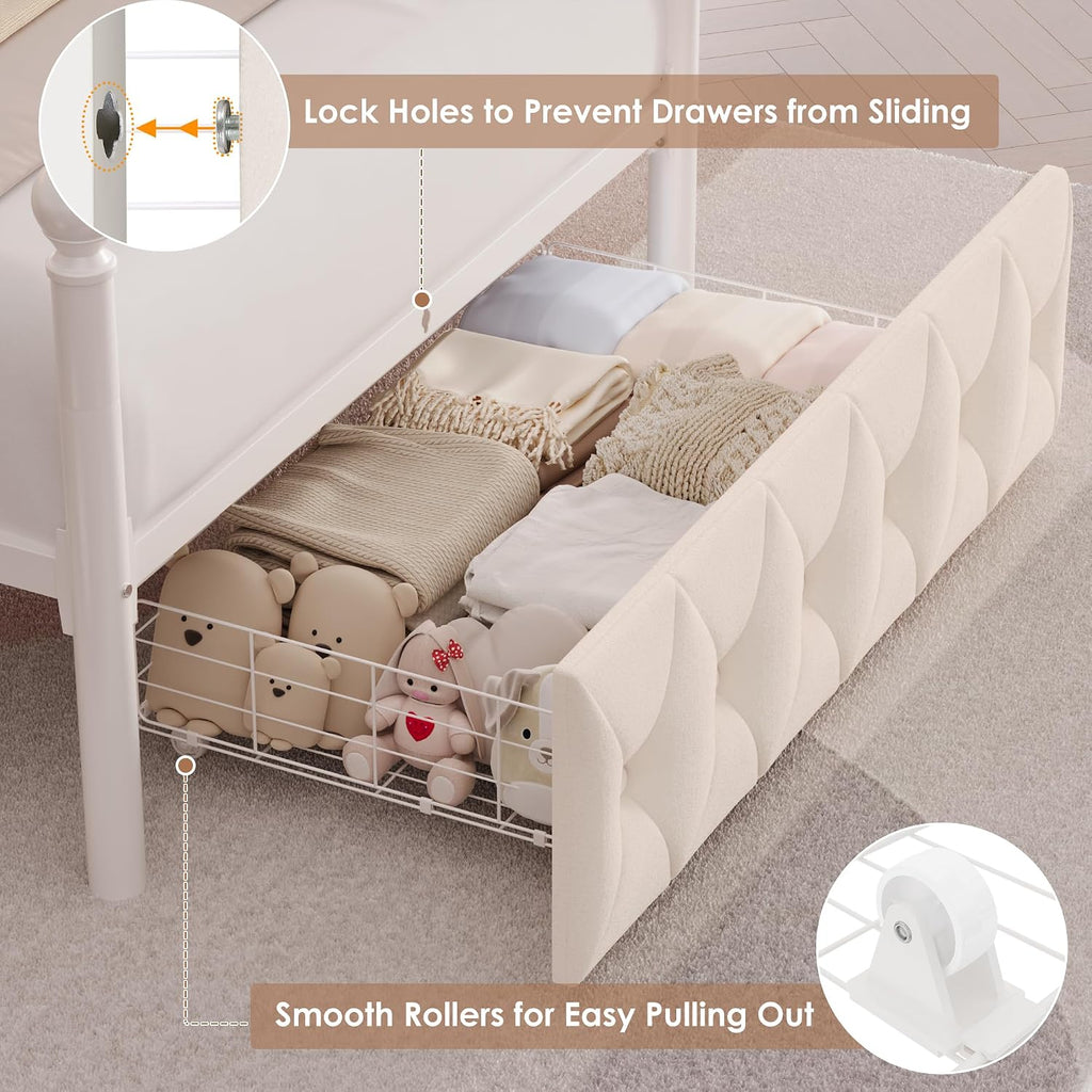 HIFIT Set of 2 Kids Twin Upholstered LED Canopy Bed Frame with Charging Station & Storage Drawer, Button Tufted Storage Headboard w/Bookshelf, Two-Use Girls Platform Bed frame w/4 Removable Post,Beige