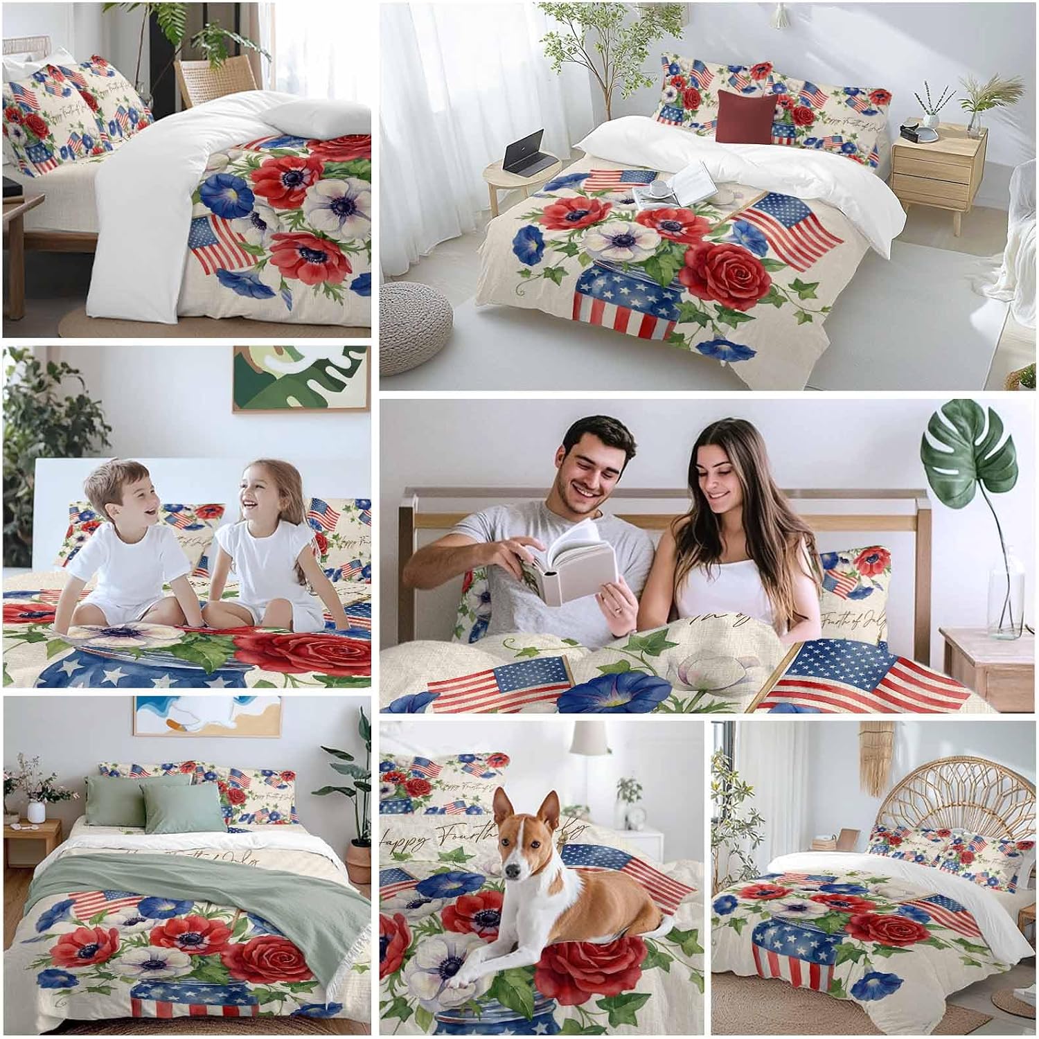 Happy Independence Day Duvet Cover Set Queen Size 4 Pieces U. S. Flag Flowers White Five-Pointed Stars Bedding Set with Zipper Closure, 1 Comforter Cover 86x86 Inches 1 Flat Sheet & 2 Pillow Cases