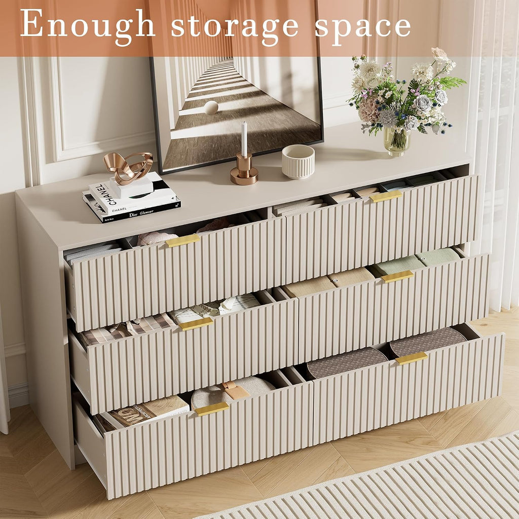 Furniway Beige Dresser Bedroom Set 3 Pieces, Nightstands Sets of 2, 6 Drawer Dresser with Gold Handles for Bedroom