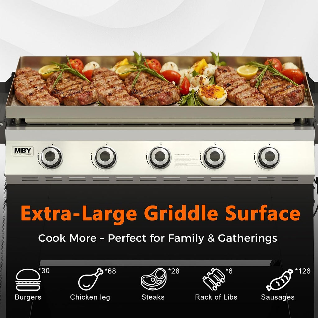 3-Burner Propane Grill, 34,000 BTU Outdoor Flat Top Propane Gas Griddle Grill with 540 Sq In Cooking Area, Rolling Wheels, Folding Side Shelves & Cover for Camping, Backyard BBQ (5 Burner)
