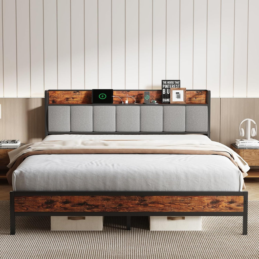 Novilla King Size Bed Frame with Charging Station USB/Type-C & Storage Headboard, Modern Metal Platform Bed Frame, Easy Assembly, Heavy Duty Slats Support, Noise Free, No Box Spring Needed