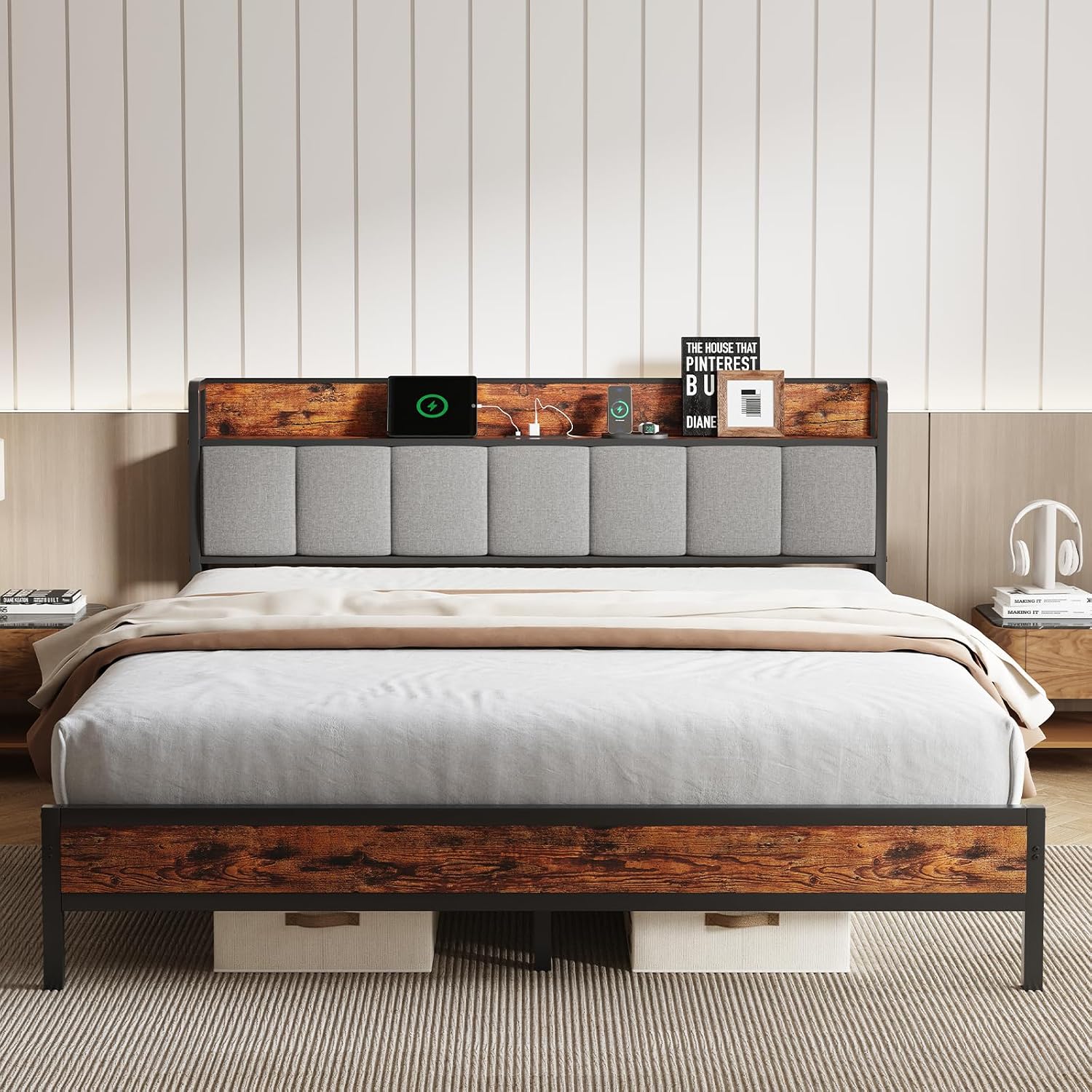 Novilla King Size Bed Frame with Charging Station USB/Type-C & Storage Headboard, Modern Metal Platform Bed Frame, Easy Assembly, Heavy Duty Slats Support, Noise Free, No Box Spring Needed