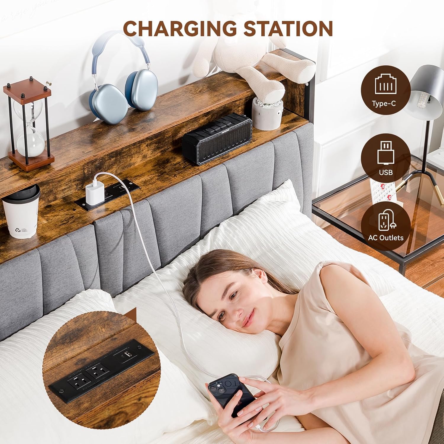 COMHOMA Queen Size Platform Bed Frame with LED Lights and Charging Station, Storage Headboard and Footboard Drawers, No Box Spring Needed, Rustic Wood Look