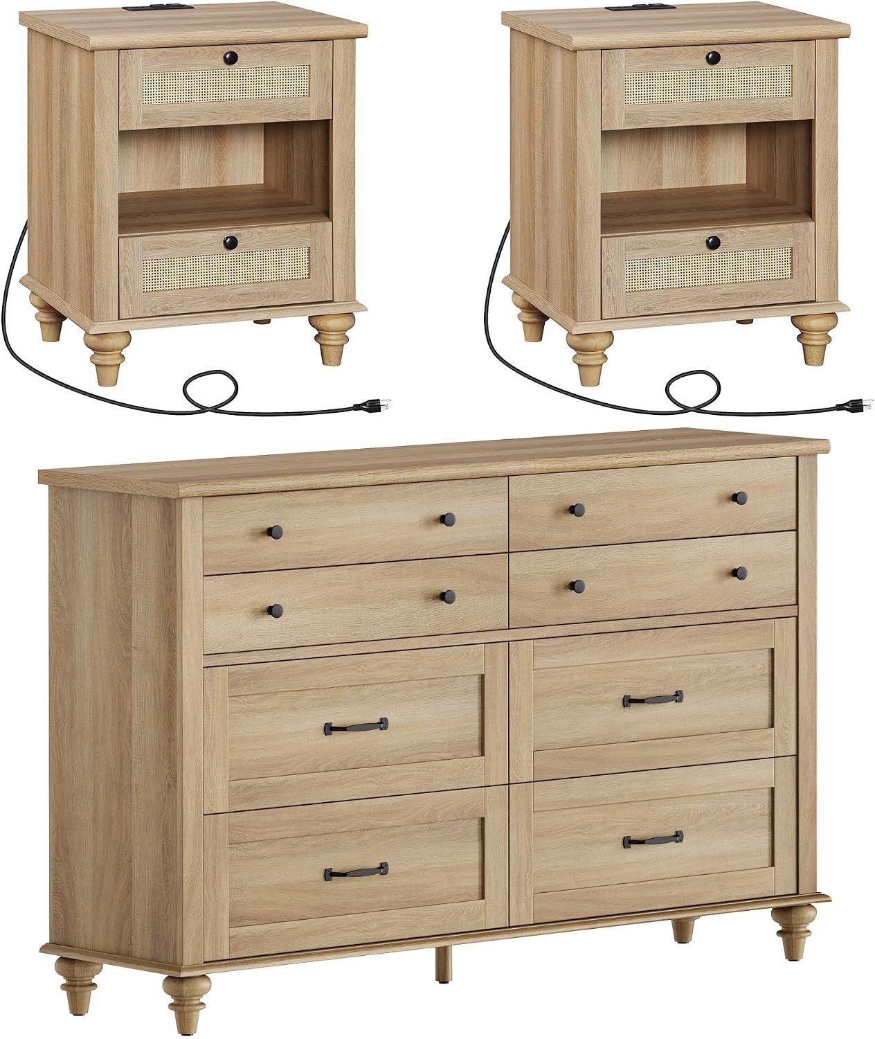 WAMPAT 3 Piece Bedroom Set - Includes Bedroom 8 Drawer Dresser, Set of 2 Bedside Tables with Charging Station & Rattan Drawer, 3 Piece Dresser and Nightstand Sets, Oak