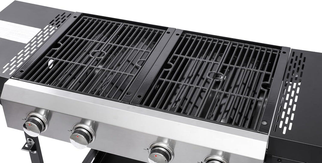 2+2 Gas Grill & Griddle Combo: 4 Burner Outdoor BBQ with Side Shelf & Storage - Modern Silver Black Design for Backyard Family Gatherings & Patio Parties