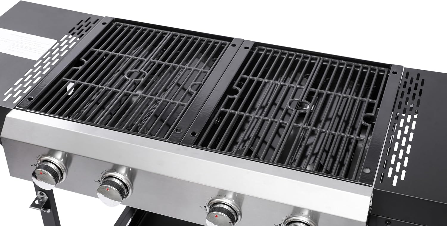 2+2 Gas Grill & Griddle Combo: 4 Burner Outdoor BBQ with Side Shelf & Storage - Modern Silver Black Design for Backyard Family Gatherings & Patio Parties