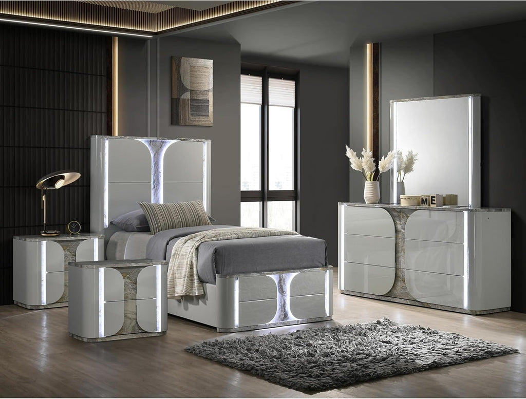 Furniture of America Bruna Modern Wood 5-Piece Bedroom Set with Touch-Control LED Bed, Felt-Lined Top Drawer and LED on Nightstands and Dresser with Mirror, No Box Spring Needed, Twin, Light Gray