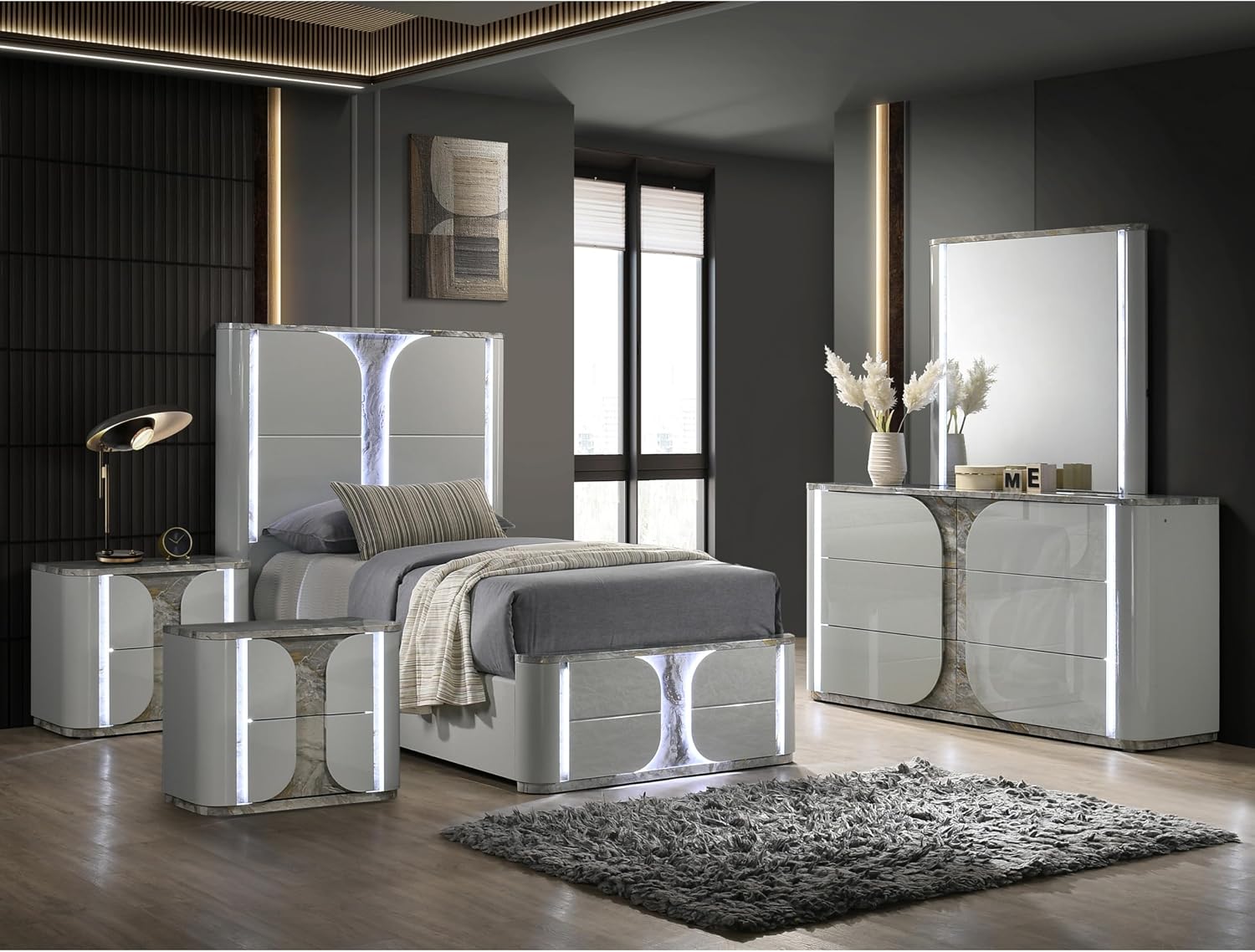 Furniture of America Bruna Modern Wood 5-Piece Bedroom Set with Touch-Control LED Bed, Felt-Lined Top Drawer and LED on Nightstands and Dresser with Mirror, No Box Spring Needed, Twin, Light Gray