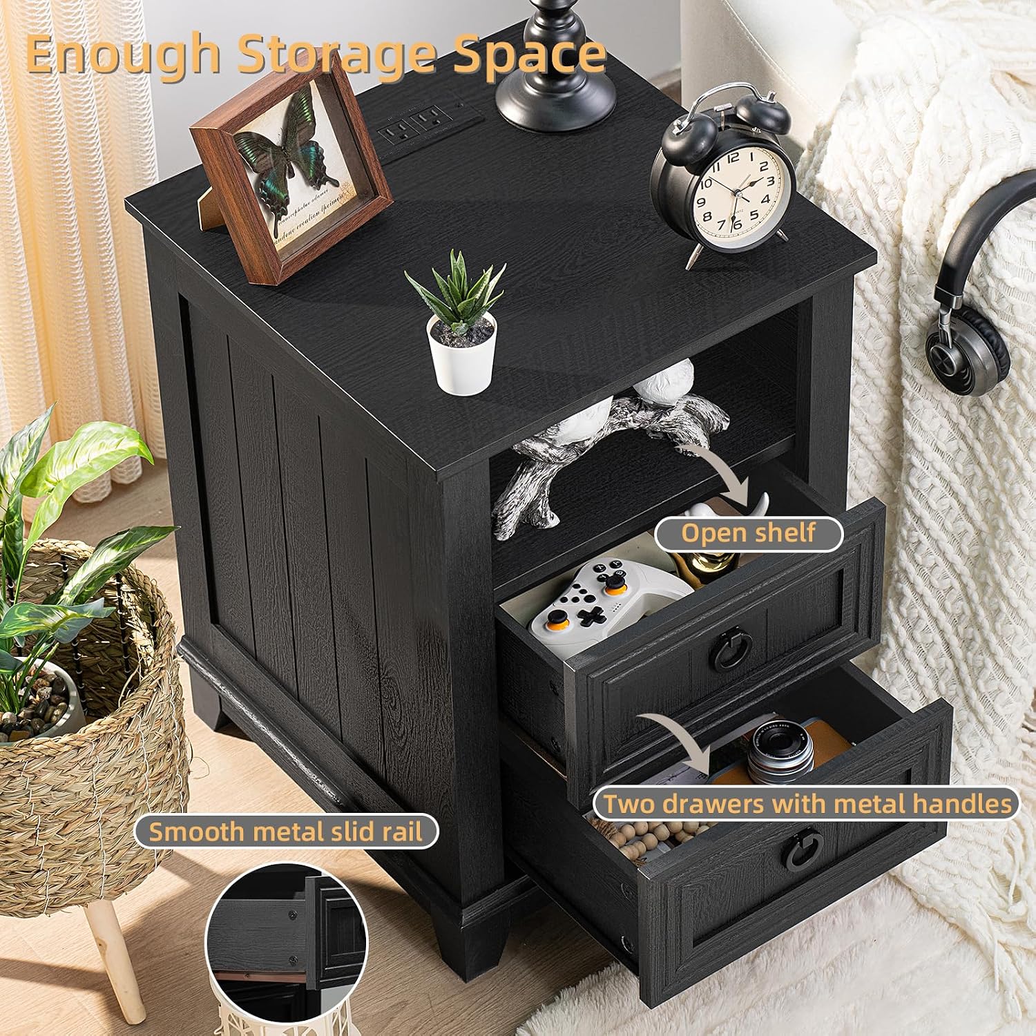 Joaxswe Farmhouse Furniture Set, Nightstands Set of 2 and 6 Drawers Dresser for Bedroom, 54 Inch Wide Wood Dresser and 18' Night Stands with Charging Station for Bedroom, Living Room, Hallway