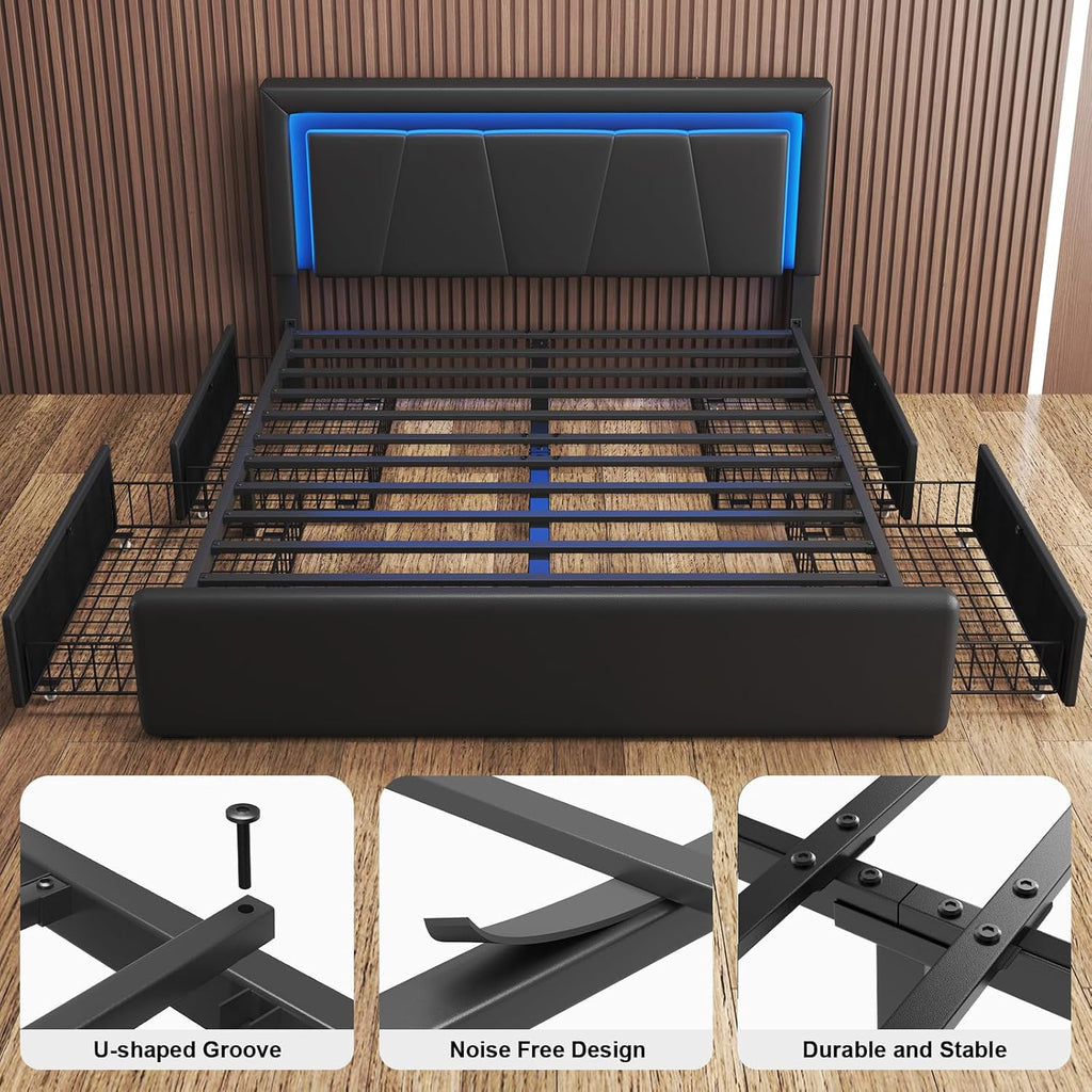 Full Size Bed Frame with 4 Storage Drawers and LED Lights, Upholstered Platform Bed with Adjustable Headboard and Charging Station, Metal Slats Support, No Box Spring Needed,Easy Assembly, Black