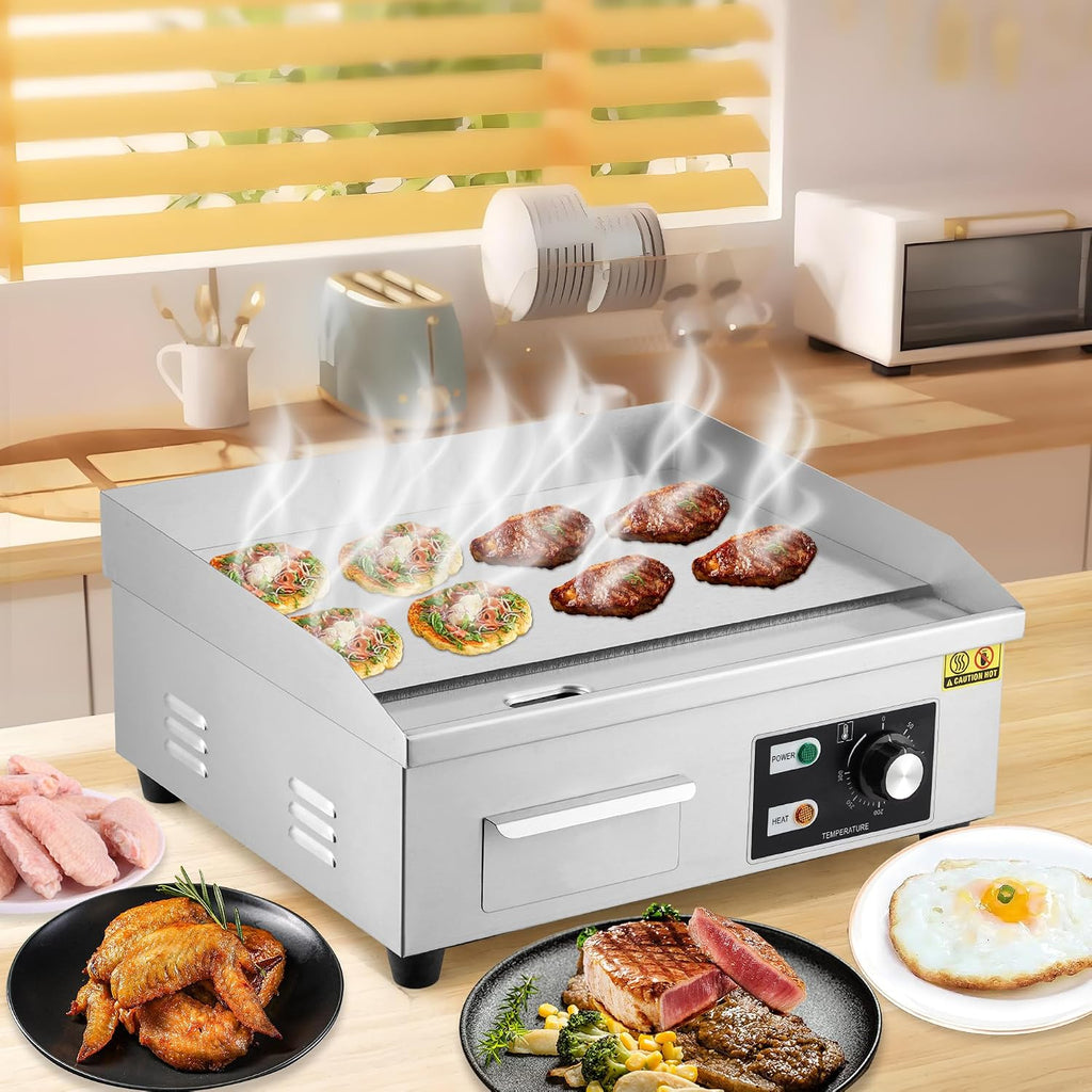 18 Inch Commercial Electric Griddle, 1600W Stainless Steel Flat Top Grill with 122-572°F Adjustable Temp, 2 Shovels, 2 Brushes, Indoor Countertop BBQ Teppanyaki Grill for Home Restaurants