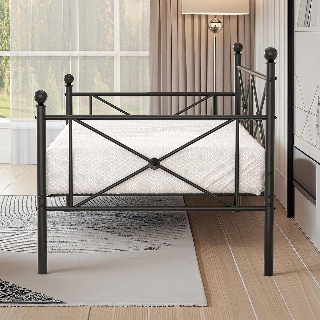 VECELO Twin Daybed Frame, Metal Day Bed with Stylish Headboard, Multifunctional Platform Beds for Bedroom, Living Room, Guest Room, No Boxing Spring Needed, Black