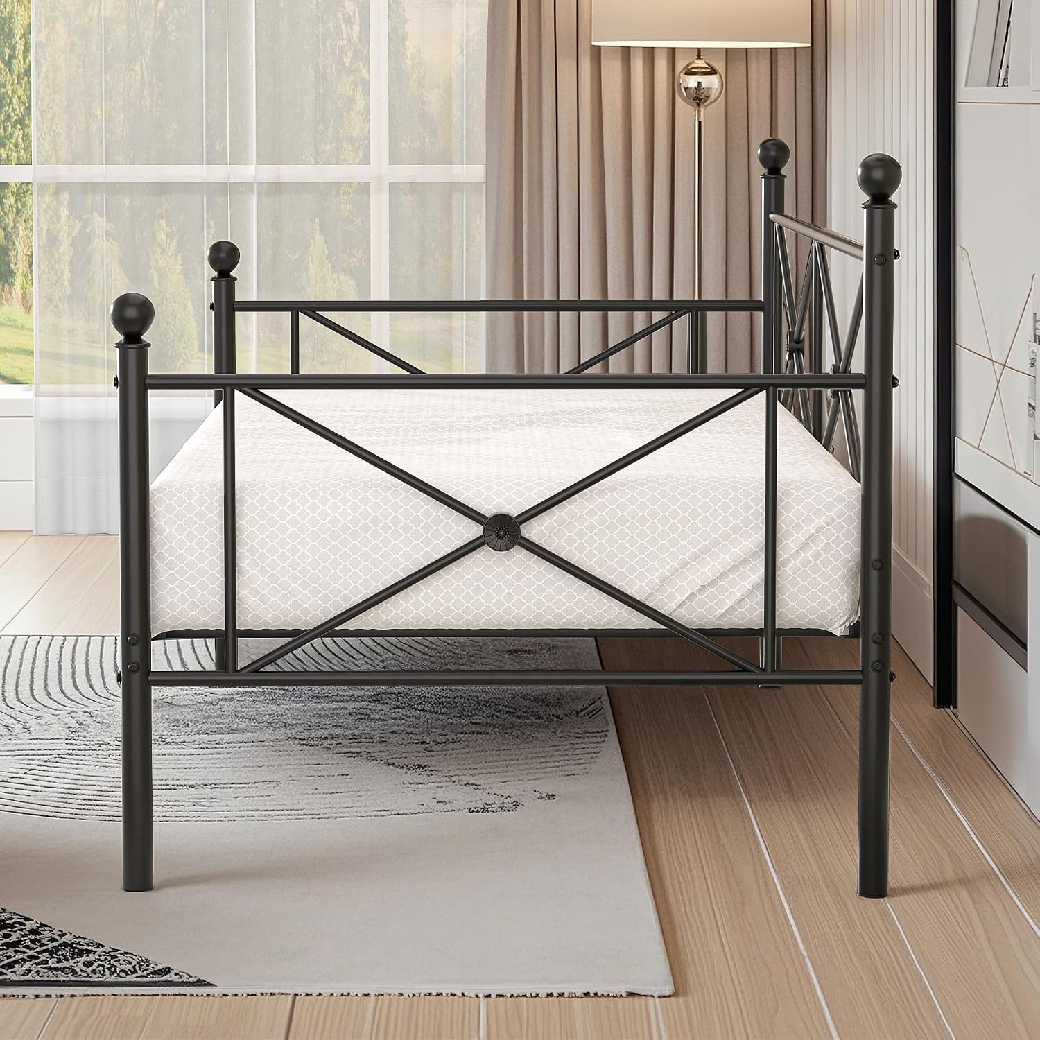 VECELO Twin Daybed Frame, Metal Day Bed with Stylish Headboard, Multifunctional Platform Beds for Bedroom, Living Room, Guest Room, No Boxing Spring Needed, Black