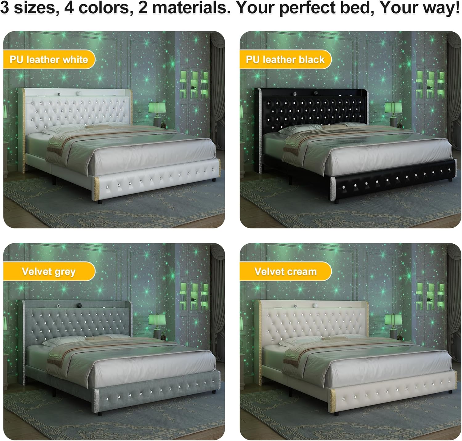 Full Modern Wingback Upholstered Platform Bed Frame with Galaxy Projector, LED Bed Frame, Sturdy Noiseless Design, Headboard with Star Accents, Simple Assembly, No Box Spring Needed, PU White