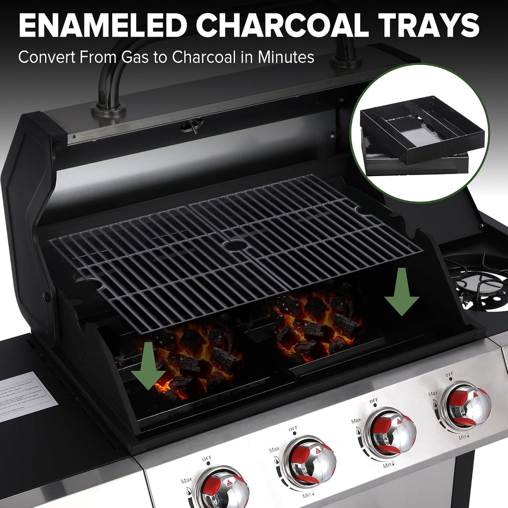 Gas and Charcoal Grill Combo with Side Burner, 4-Burner Propane Grill and Griddle Combo with Porcelain-Enameled Cast Iron Grates & Double-Wall Insulated Lid, 49,000 BTU Outdoor BBQ Grill