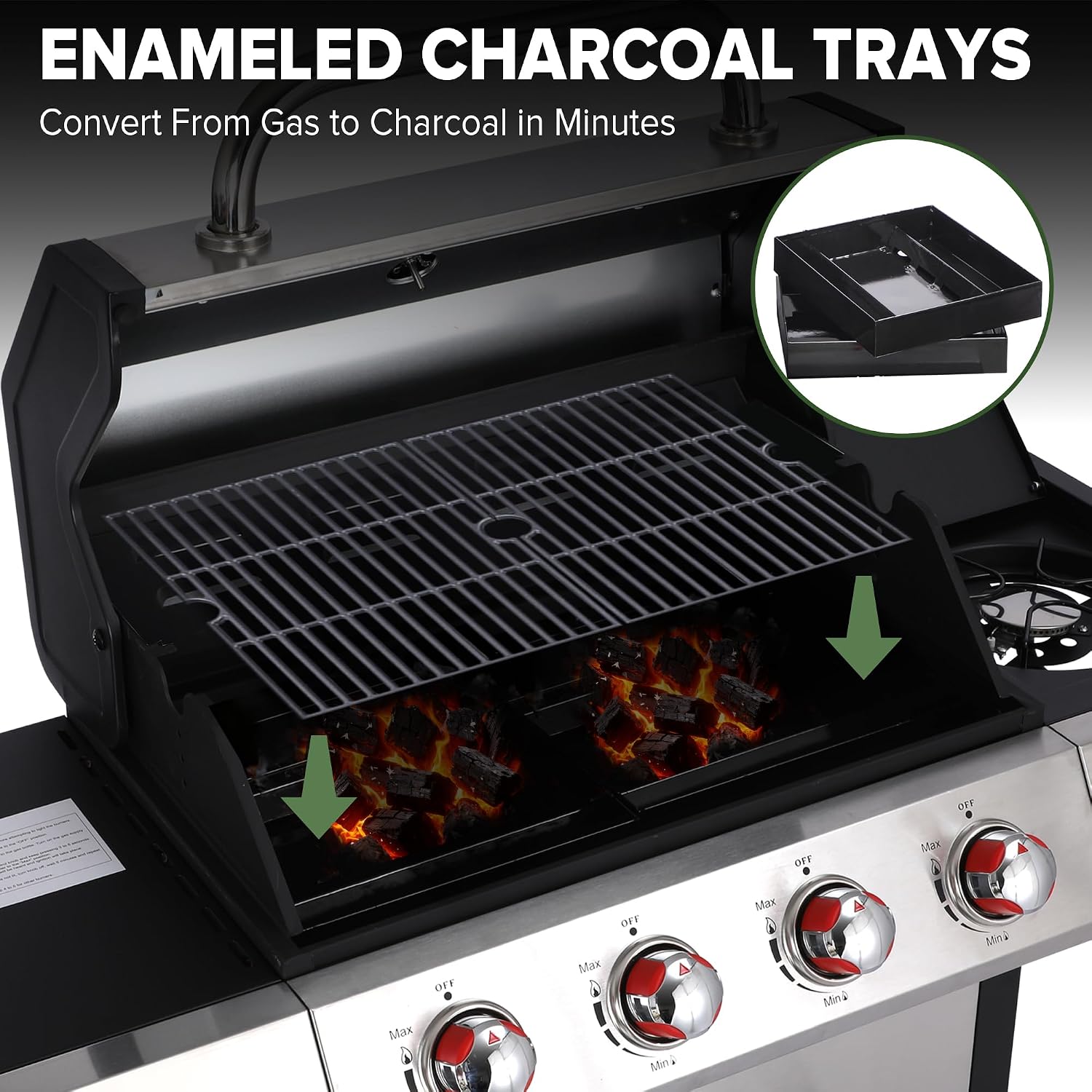 Gas and Charcoal Grill Combo with Side Burner, 4-Burner Propane Grill and Griddle Combo with Porcelain-Enameled Cast Iron Grates & Double-Wall Insulated Lid, 49,000 BTU Outdoor BBQ Grill