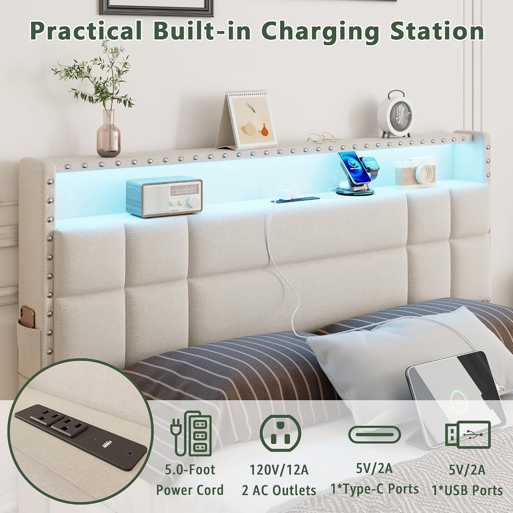 OURPIC Queen Bed Frame with 4 Storage Drawers & Headboard, Upholstered Platform Bed Frame Queen Size with Charging Station & LED Lights, No Box Spring Needed, Metal Slats Support, Noise Free, Beige