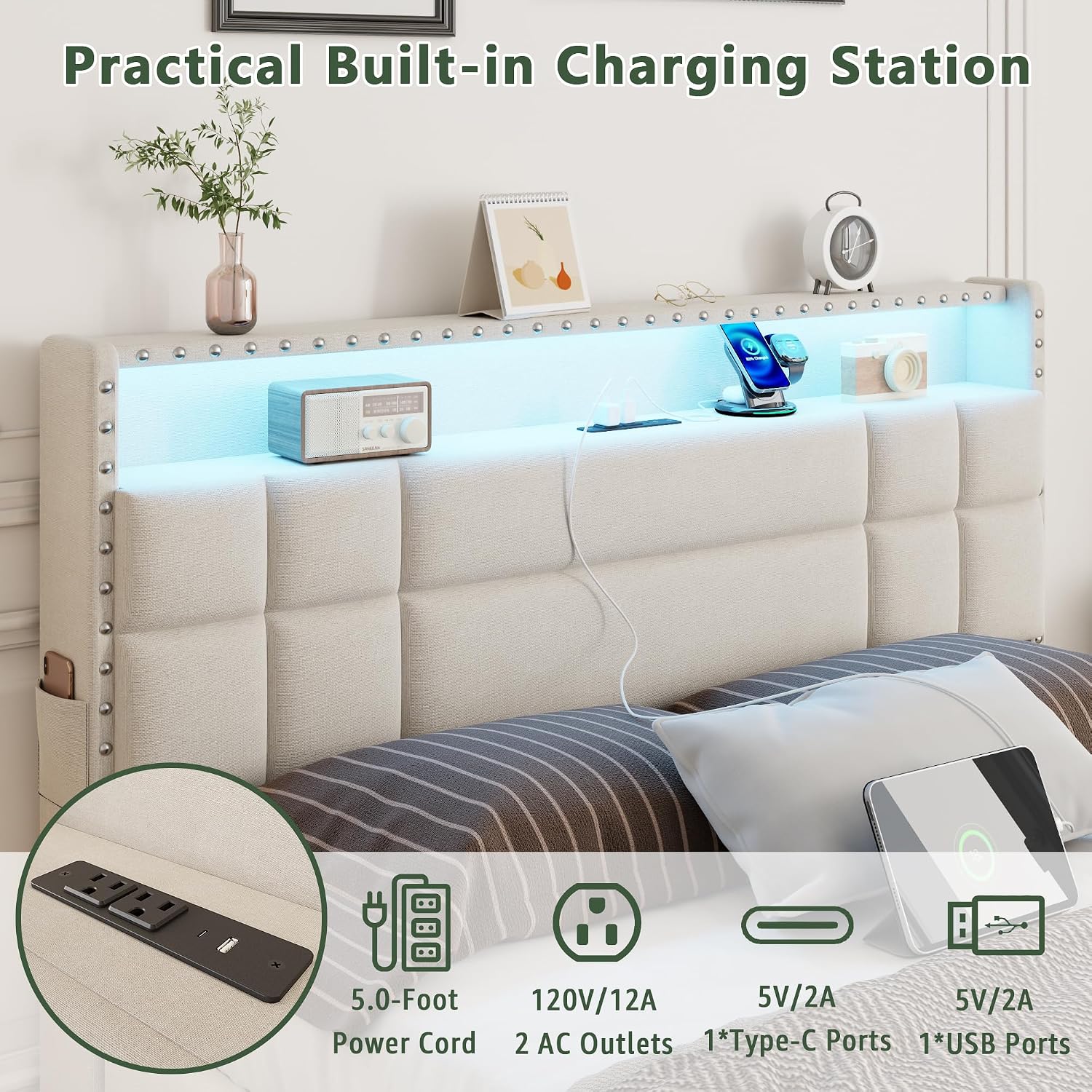 OURPIC Queen Bed Frame with 4 Storage Drawers & Headboard, Upholstered Platform Bed Frame Queen Size with Charging Station & LED Lights, No Box Spring Needed, Metal Slats Support, Noise Free, Beige