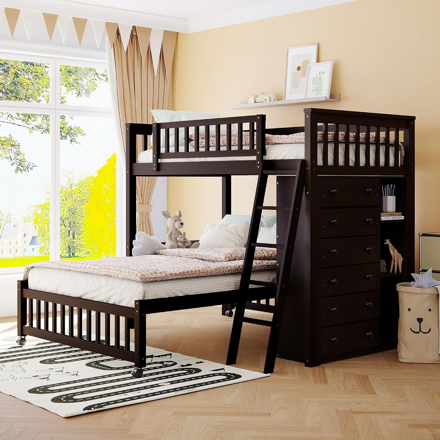 Ball & Cast Wooden Twin Over Full Bunk Bed with 6 Drawers & Flexible Shelves,Bottom Bedframe W/Wheel,Easy Assembly,Space Saving,Versatile Storage Furniture for Boy Girl Teen Compact Bedroom,Espresso
