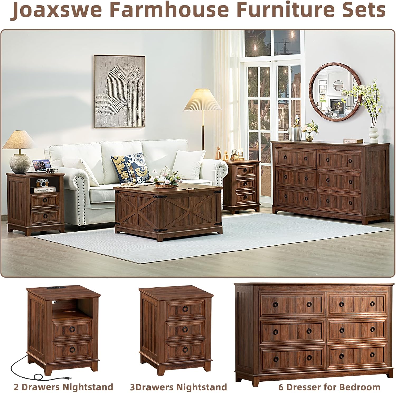 Joaxswe 6 Drawers Dresser for Bedroom, Farmhouse 54'' Dresser Chest of Drawers, Vintage Design Wood TV Stand, Rustic Storage Dressers Organizer for Bedroom, Living Room, Hallway-Brown
