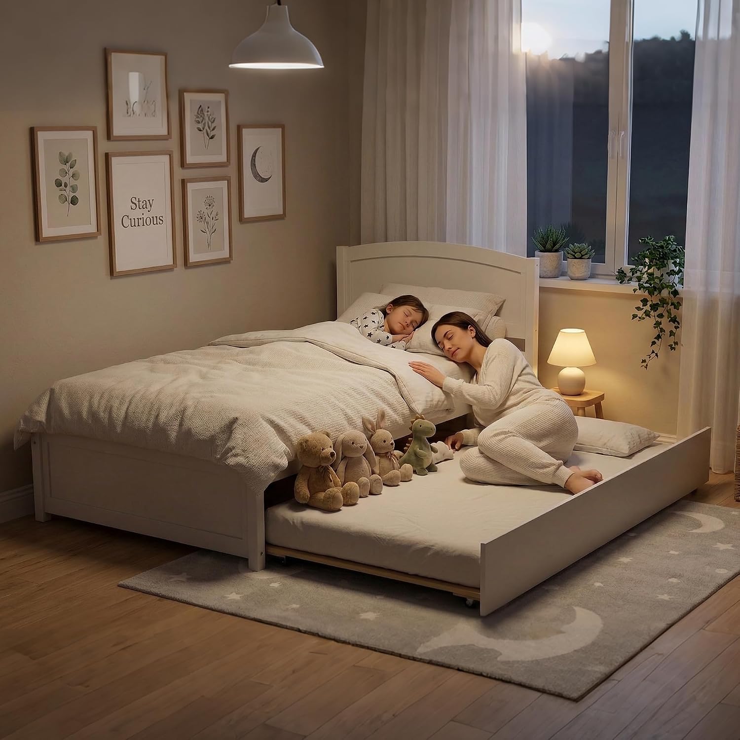 Xilingol Trundle Bed Twin, Solid Wood Bed Frames with Headboard and Wooden Slats Support, Twin Trundle Bed Frame Roll Out, Single Box (No Box Spring Needed), White