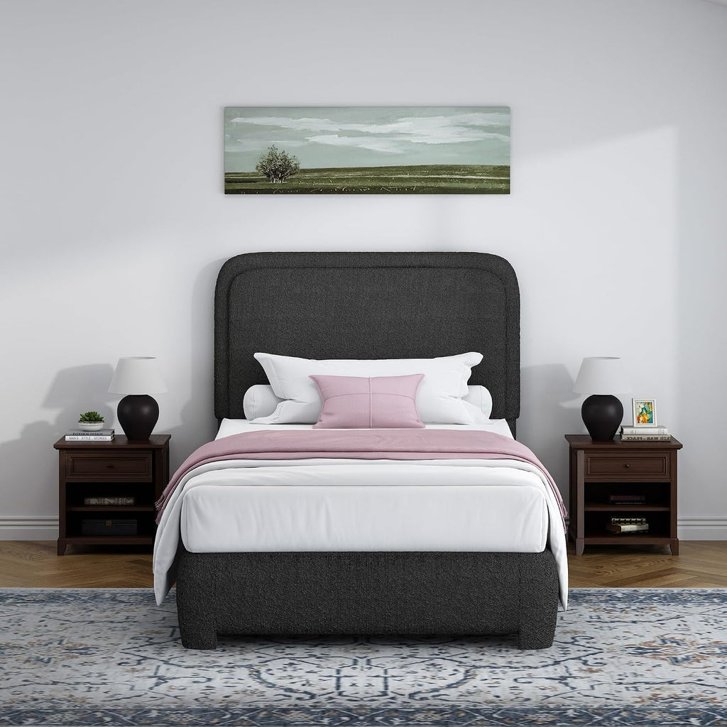 BarnFurin Twin Bed Frame with Headboard, Boucle Upholstered Platform Bed Frame, Soft Rounded Corners, No Box Spring Required, Easy Assembly, Black