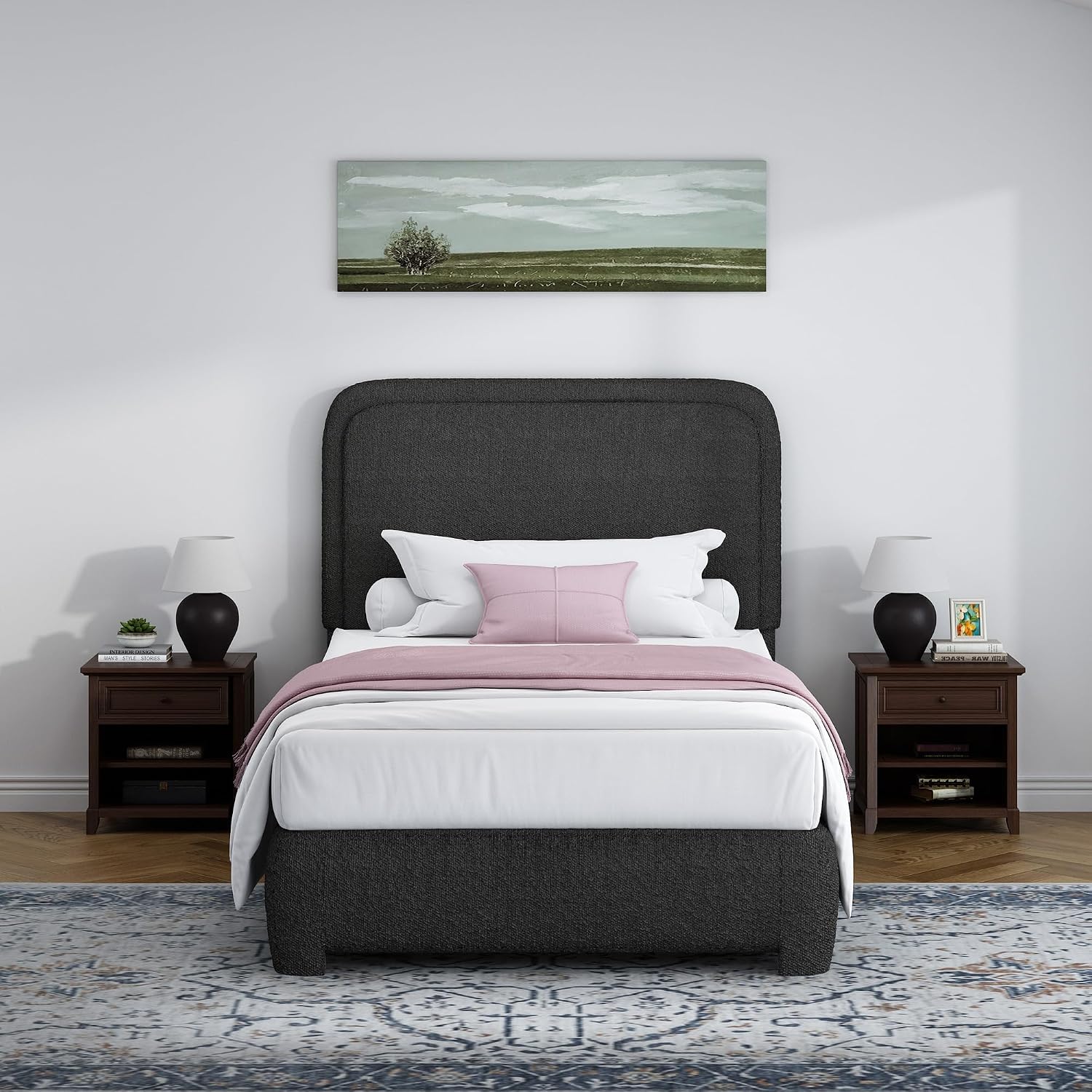 BarnFurin Twin Bed Frame with Headboard, Boucle Upholstered Platform Bed Frame, Soft Rounded Corners, No Box Spring Required, Easy Assembly, Black