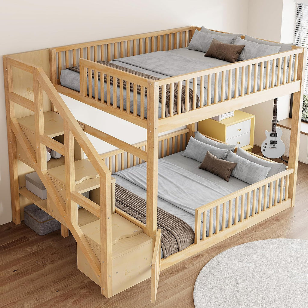 Full Over Full Floor Bunk Bed with Storage Ladder and Guardrails,for Kids Teens Adults (Natural#FF, Full Over Full)