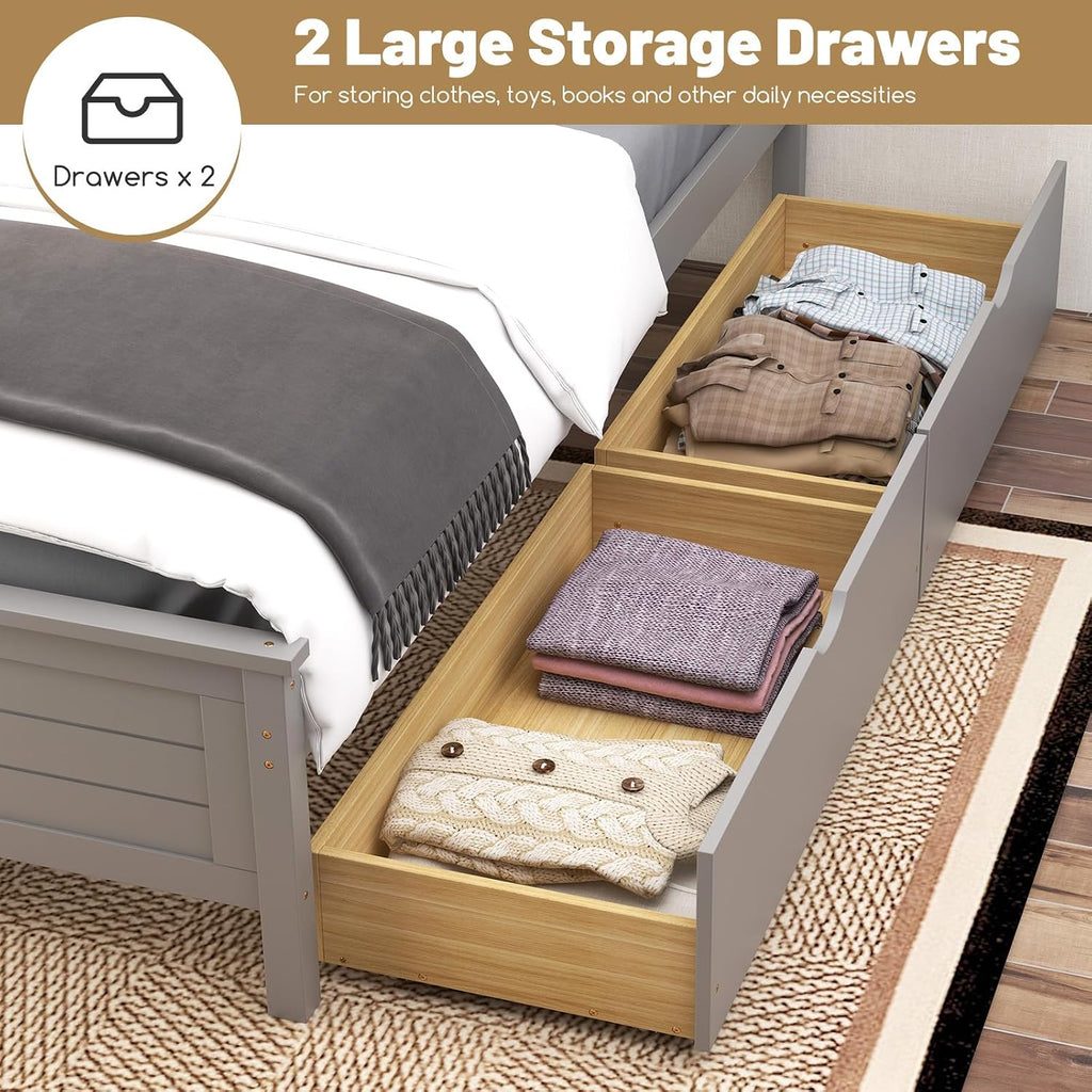 GOFLAME Full Size Bed Frame with 2 Drawers, Platform Bed with Solid Wood Headboard & Footboard, Wood Slats Support Mattress Foundation, Under Bed Storage, No Box Spring Needed, Easy Assembly, Grey