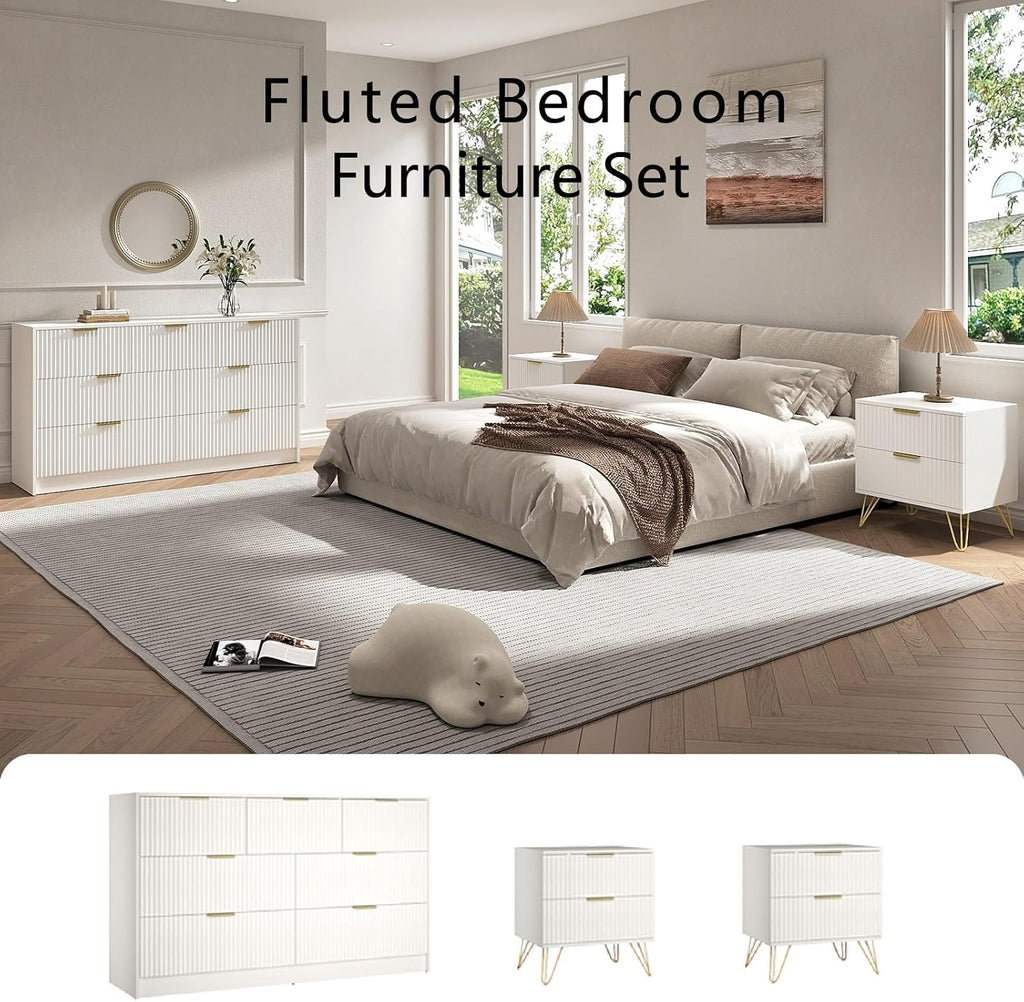 7 Drawer Dresser and Nightstand Sets for Bedroom, 3 Pcs Bedroom Set，Night Stand Set of 2 & 7 Drawer Dresser with Gold Handles, Modern Wood Chest of Drawers Storage Cabinet Set, White