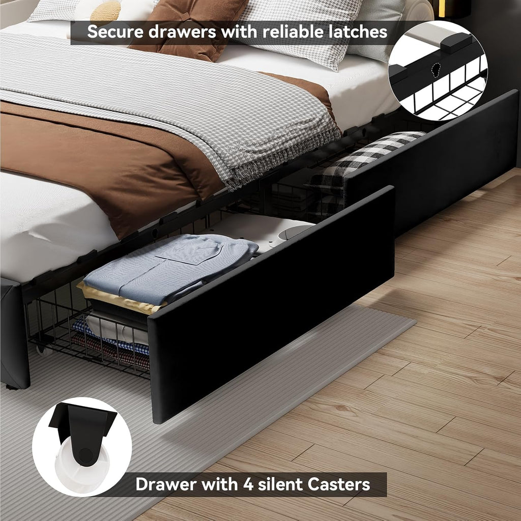 LED Full Size Bed Frame with Headboard and Storage,Full Bed Frame with 4 Storage Drawers and LED Lights,Velvet Upholstered Platform Bed Frame Full Size with Charging Station,No Box Spring Needed,Black