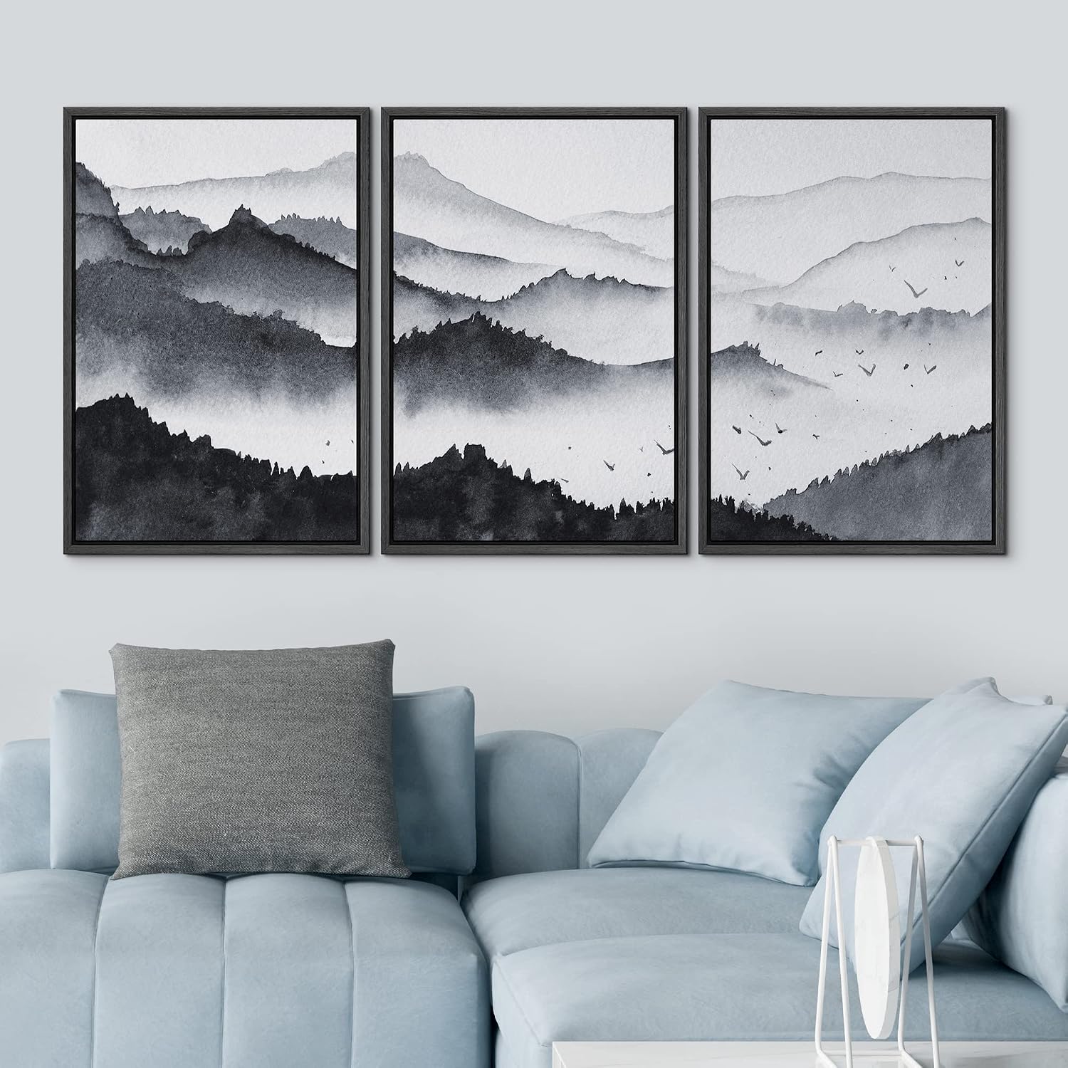 NWT Framed Canvas Print Wall Art Set Pastel Watercolor Misty Mountain Forest Nature Wilderness Illustrations Modern Art Decorative Landscape Rustic for Living Room, Bedroom, Office - 16'x24'x3 Black