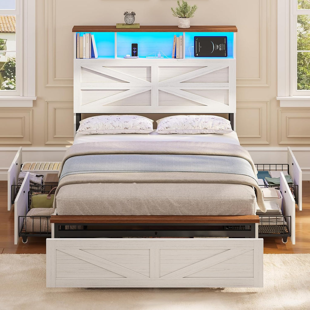 VIAGDO Twin Bed Frames with 5 Drawers, Farmhouse Bed Frame with Barn Door Headboard and Storage, Wood Platform Bed Frame Twin Size with Charging Station and LED Lights, No Box Spring Needed, White