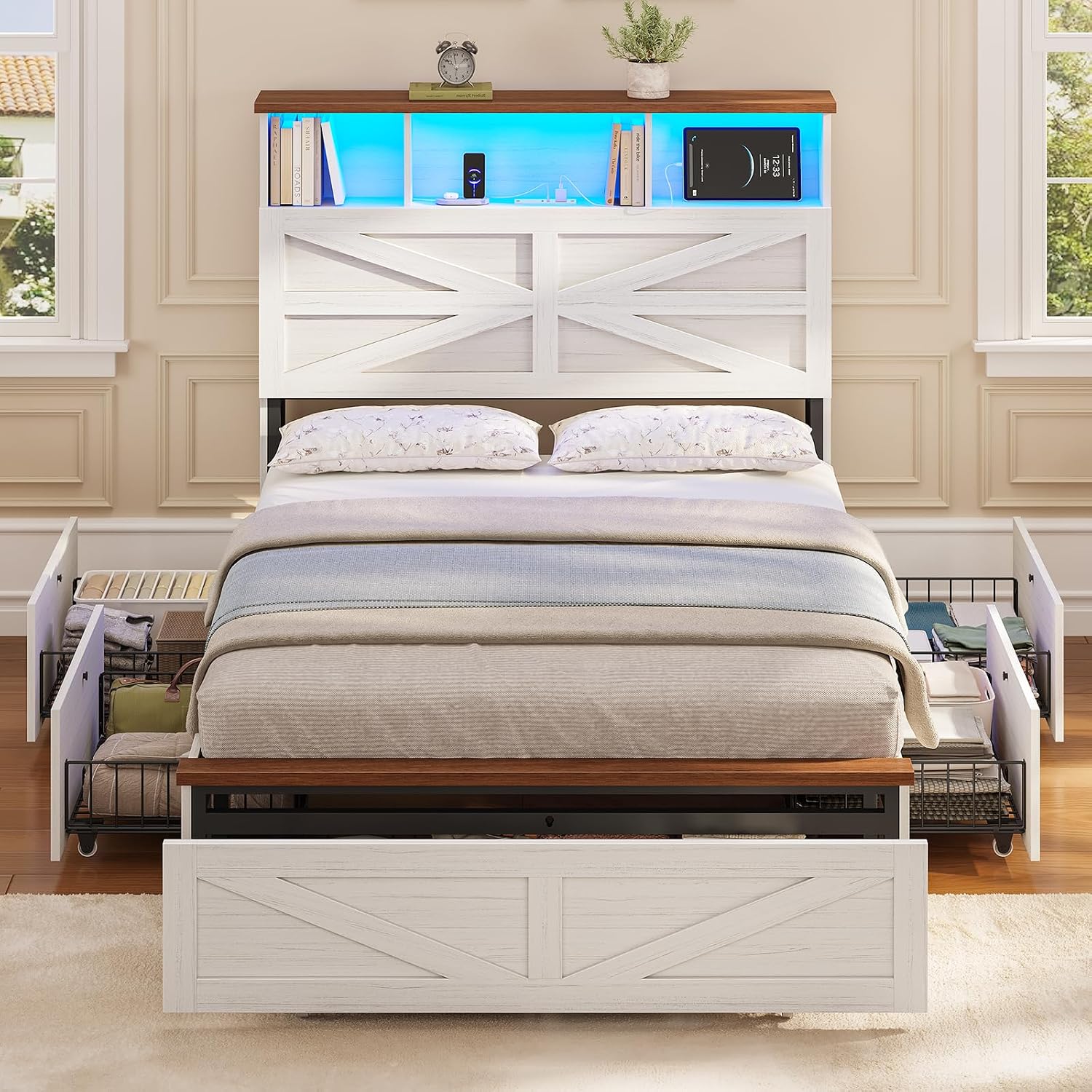 VIAGDO Twin Bed Frames with 5 Drawers, Farmhouse Bed Frame with Barn Door Headboard and Storage, Wood Platform Bed Frame Twin Size with Charging Station and LED Lights, No Box Spring Needed, White