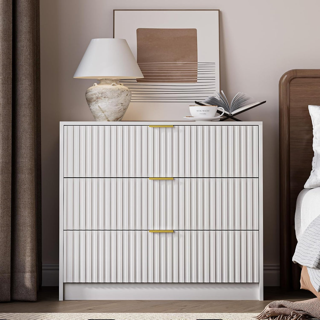 MAISONARIA 3-Piece Dresser Bedroom Set, 6 Drawer Dresser & 3 Drawer Nightstands with Gold Handles, Fluted Wood Chest of Drawers for Bedroom, Living Room, Entryway, White