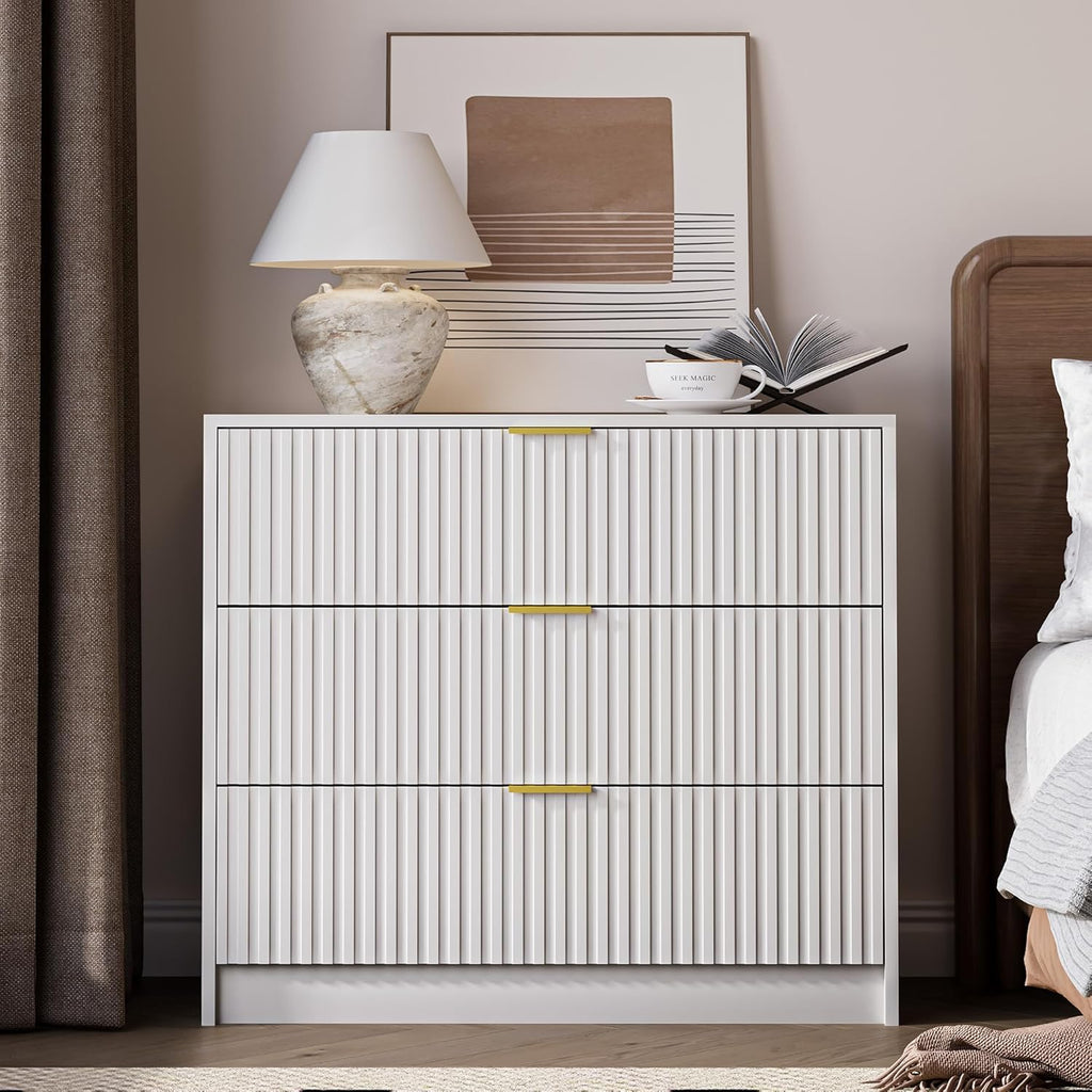 MAISONARIA 3-Piece Dresser Bedroom Set, 9 Drawer Dresser & 3 Drawer Nightstands with Gold Handles, Fluted Wood Chest of Drawers for Bedroom, Living Room, Entryway, White
