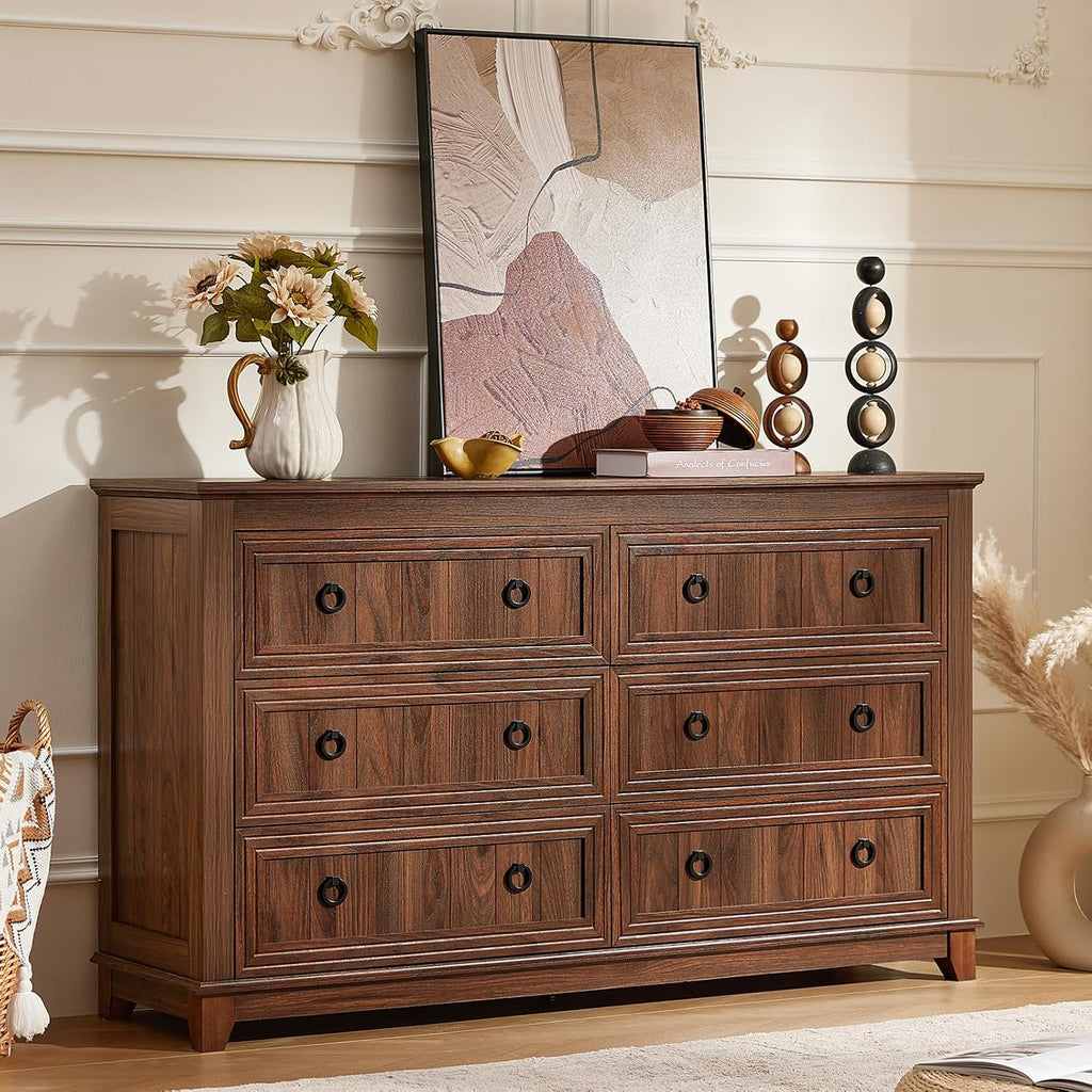 Joaxswe 6 Drawers Dresser for Bedroom, Farmhouse 54'' Dresser Chest of Drawers, Vintage Design Wood TV Stand, Rustic Storage Dressers Organizer for Bedroom, Living Room, Hallway-Brown