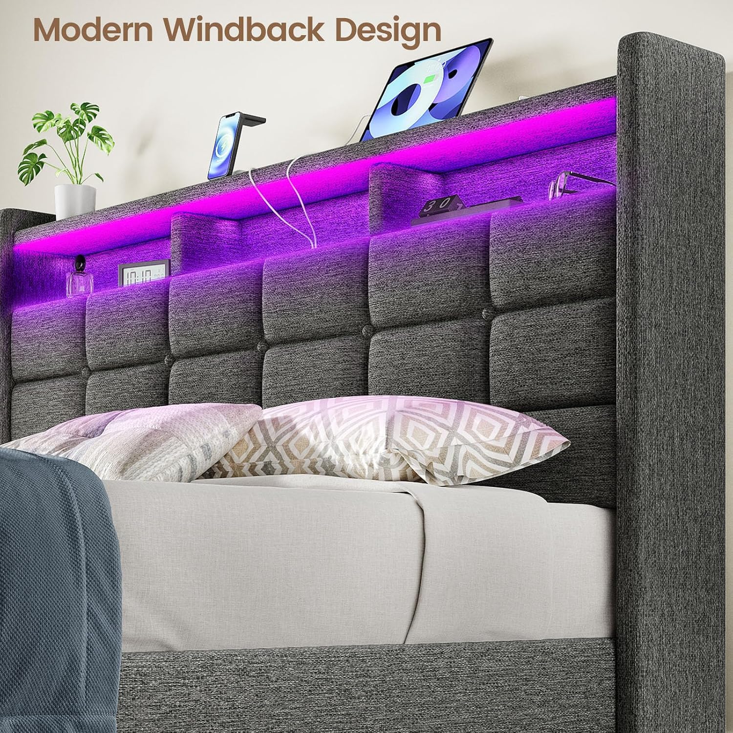 Driftalia Lift Up Queen Bed Frame with Storage, Upholstered Bed Frame Queen Size with LED Lights Headboard and Charging Station, No Box Spring Needed, Easy Assembly - Dark Grey