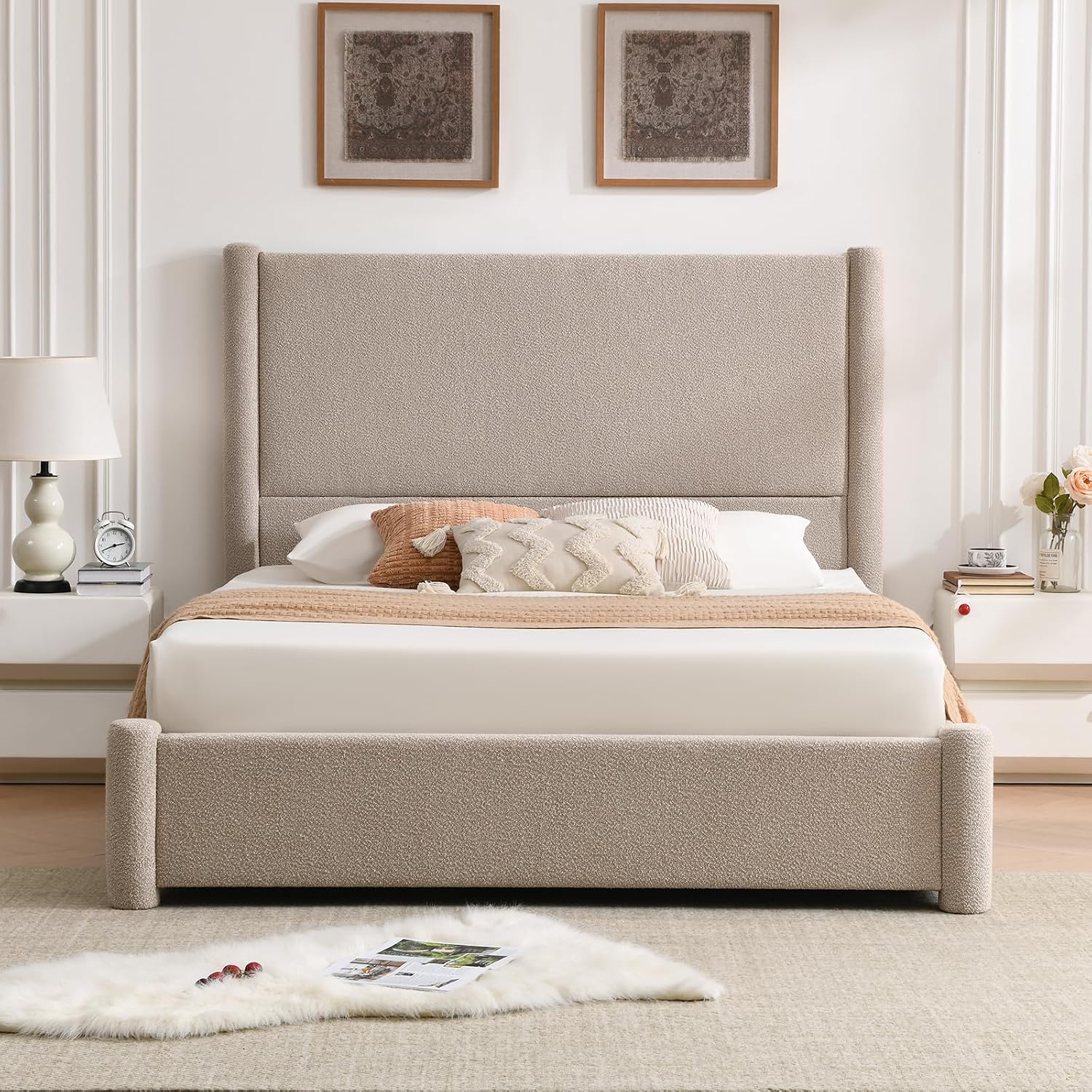 VELOCAVA Queen Size Upholstered Bed Frame with 51.77' Tall Headboard and Soft Rounded Corners, Side Storage Drawers, 12-Slat Support, No Box Spring Needed, Bouclé Texture, Beige