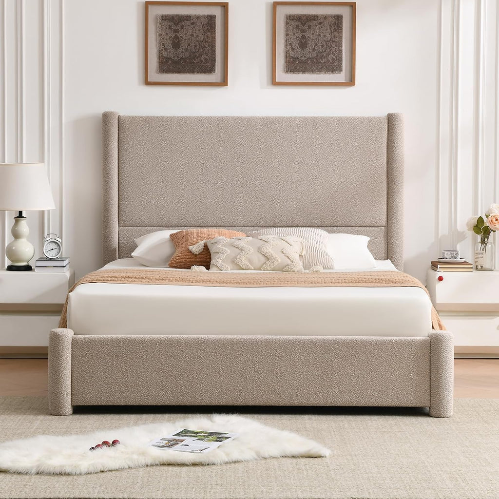 VELOCAVA Queen Size Upholstered Bed Frame with 51.77' Tall Headboard and Soft Rounded Corners, Side Storage Drawers, 12-Slat Support, No Box Spring Needed, Bouclé Texture, Beige