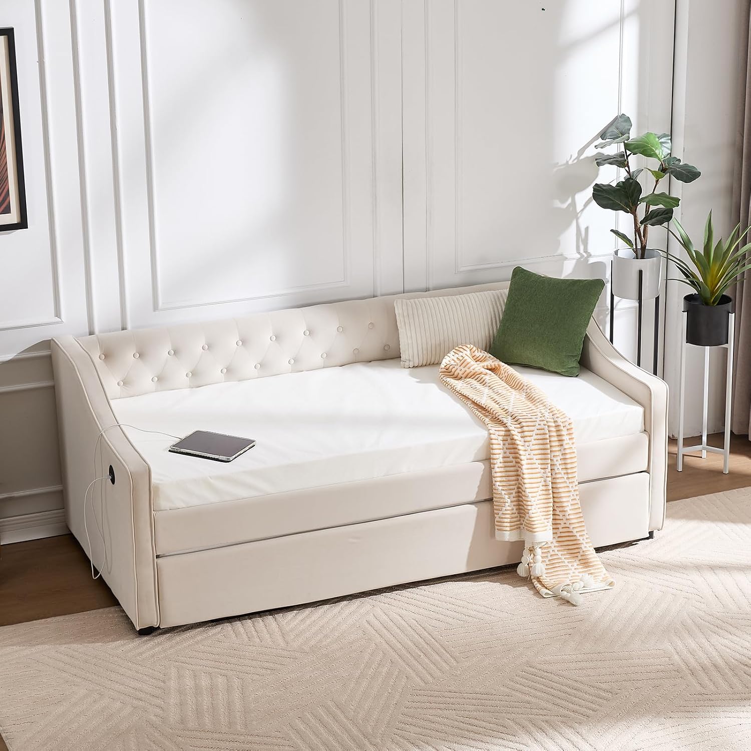 Twin to King Daybed with Trundle, USB Ports Soft Upholstered Daybed with Pop Up Trundle Bed Twin, Modern Extendable Day Bed Frame for Girls Bedroom Living Room Guest Room Small Places Champagne Beige