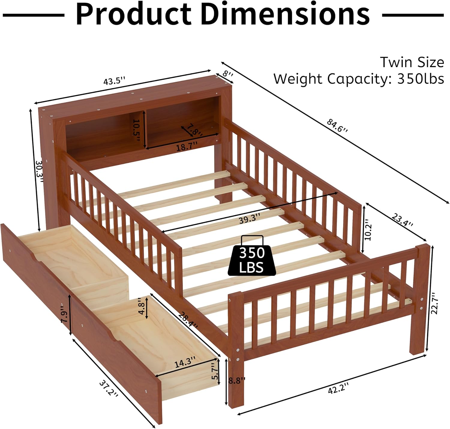 VilroCaz Wood Twin Size Platform Bed with Safety Fence for Kids Boys Girls, Platform Bed Frame with Practical Headboard and 2 Under-Bed Drawers, Sturdy Slats Support (Walnut-3.15)