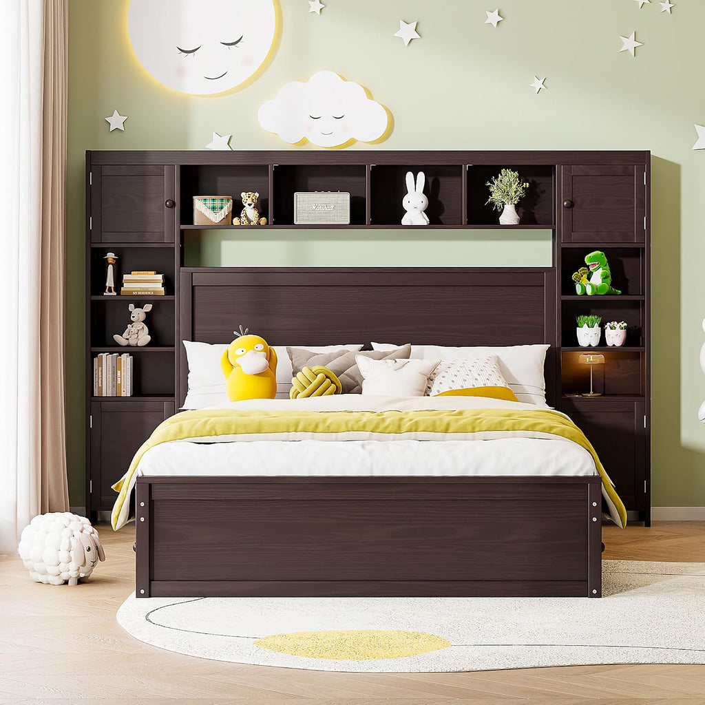 MERITLINE Queen Platform Bed with Storage Headboard,Drawers and Charging Station,Solid Wood Queen Bed Frame with Storage Cabinet and Shelves for Adults (Espresso)